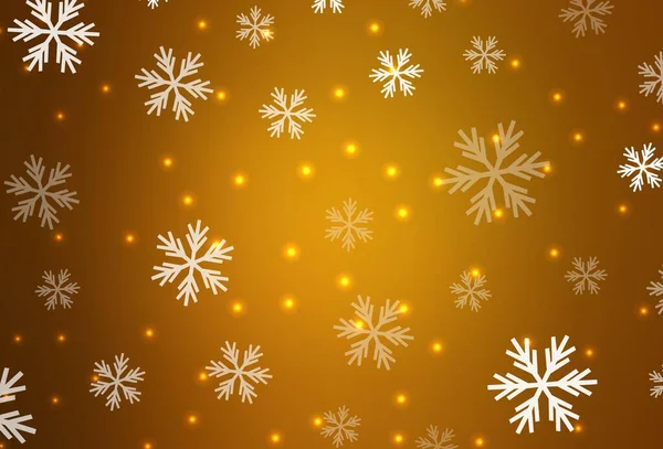 어두운 오렌지 배경에 아름다운 눈송이와 별들이 있습니다 크리스마스 스타일의 눈으로 — 스톡 벡터