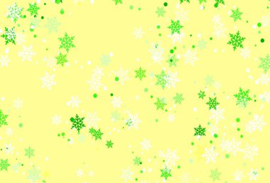 Açık yeşil, kırmızı vektör arkaplan ve xmas kar taneleri. Soyut arkaplanda gradyanı olan renkli kar taneleri. Yeni yıl broşürleri için desen.