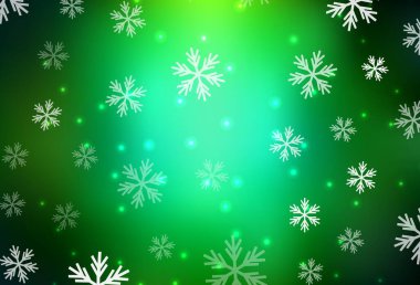 Koyu yeşil vektör arka planı, Xmas kar taneleri, yıldızlar. Gradyan kristal buz formlarıyla soyut çizimler. Yeni Yıl web siteleri için desen.