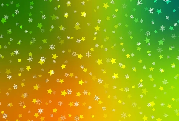 Jasnozielone Żółte Tło Wektorowe Płatkami Śniegu Gwiazdami Świecąca Kolorowa Ilustracja — Wektor stockowy