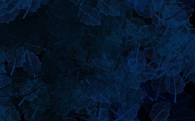 Koyu mavi vektör yapraklı karalama şablonu. Yaprak ve çiçeklerle süslenmiş soyut bir çizim. Web siteleri ve pankartlar için desenli desen.