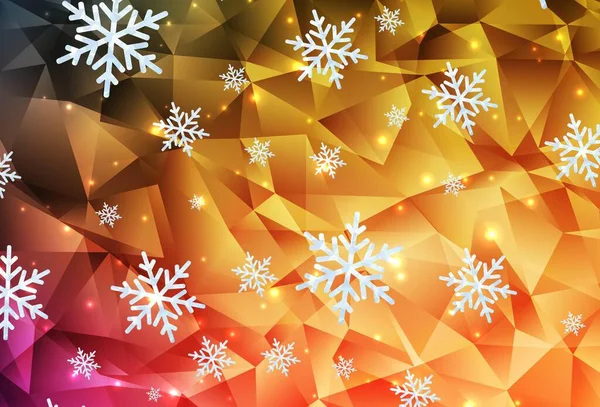 美しい雪の結晶 星とライトオレンジベクトルの背景 グラデーション状の結晶氷の形をした抽象的なイラストをキラキラ 新年の背景のテンプレート — ストックベクタ