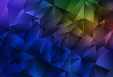 Koyu mavi, kristalleri ve üçgenleri olan sarı vektör şablonu. Renkli üçgenli modern soyut illüstrasyon. Broşürler, broşürler için desen