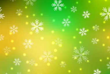Açık yeşil, sarı vektör dokusu, renkli kar taneleri, yıldızlar. Karlı Xmas tarzında renkli dekoratif tasarım. Yeni yıl reklamı için tasarım, kitapçıklar.