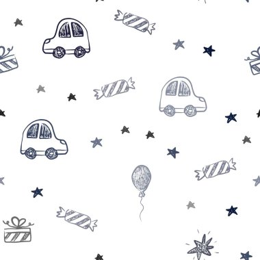 Doğum günü tarzında koyu mavi vektörsüz doku. Oyuncak arabası, balonu, şekeri, yıldızı, topu olan soyut bir illüstrasyon. Tatil reklamları için tasarım.