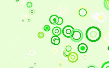 Açık yeşil, noktalı sarı vektör arkaplan. Parlak renkli soyut çemberlerin olduğu bir resim. Fütürist reklamlar ve kitapçıklar için şablon.