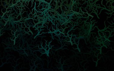 Koyu yeşil, yaprakları ve dalları olan zarif bir şablon. Soyut şablona karalamalar çizilmiş bir resim. Ağ ve ambalaj için elle boyanmış tasarım.