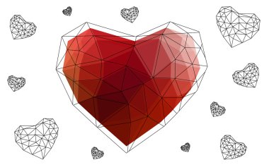 Beyaz arka plan üzerinde üçgen oluşan desen ile izole ışık kırmızı kalp.