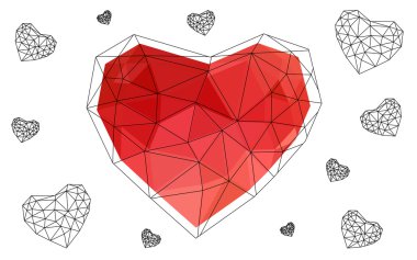 Beyaz arka plan üzerinde üçgen oluşan desen ile izole ışık kırmızı kalp.