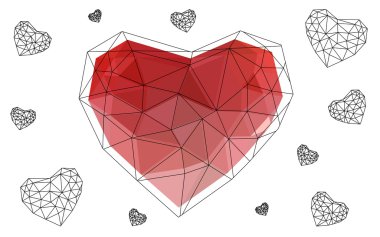 Beyaz arka plan üzerinde üçgen oluşan desen ile izole ışık kırmızı kalp.