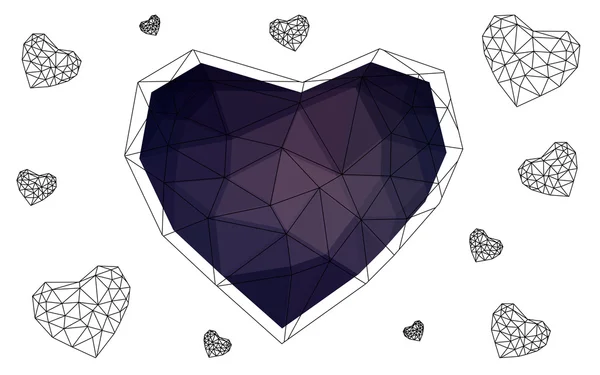 Mörka lila hjärta isolerad på vit bakgrund med mönster bestående av trianglar. — Stock vektor
