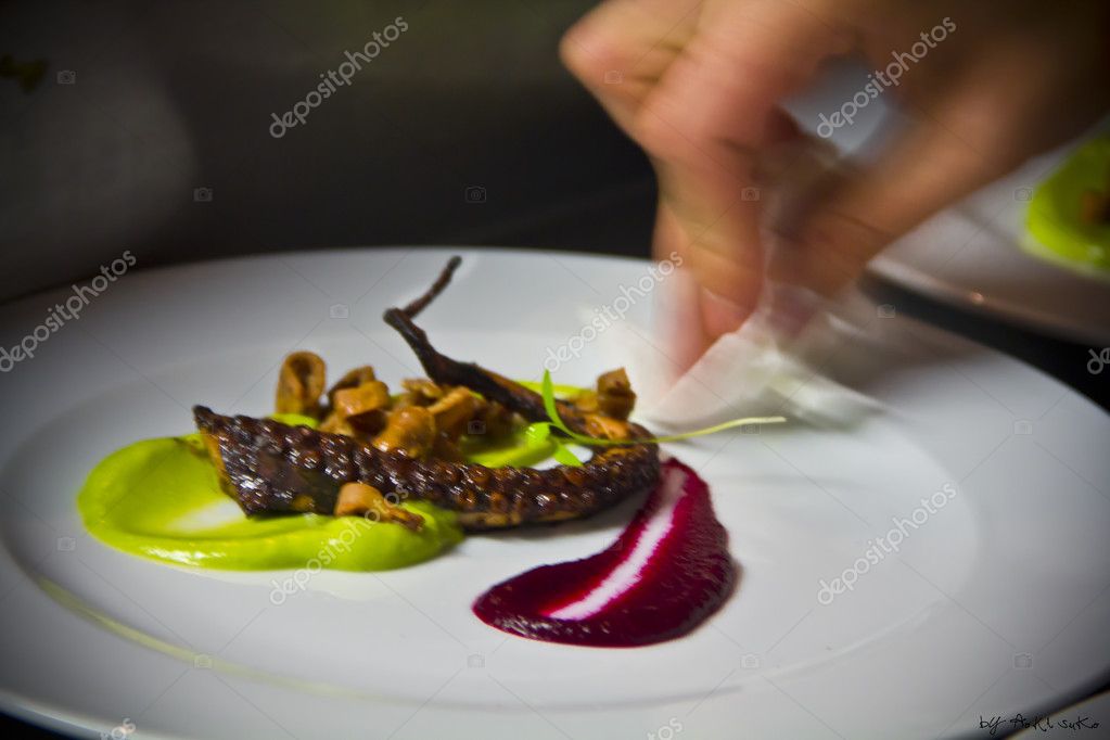 Plating octopus salad — Stock Photo © AokiSuko 93106066