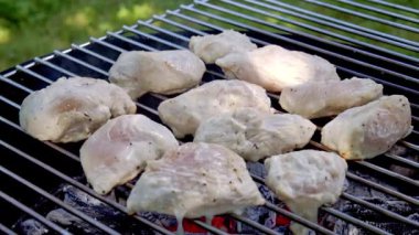 Sıcak kömürlerin üzerinde leziz kalçalar, Parlayan közlerin üzerinde pişen baharatlarla bezenmiş tavuk butları, Açık hava barbekü özellikleri... Parlak kömürde yanıp tutuşan tavuk parçaları...