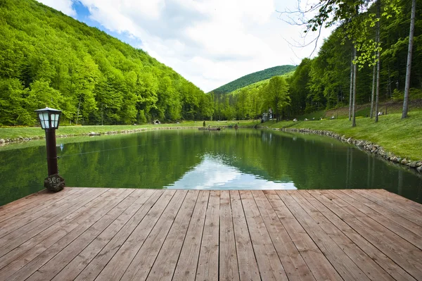 Dağ parkta göl üzerinde ahşap bir iskele