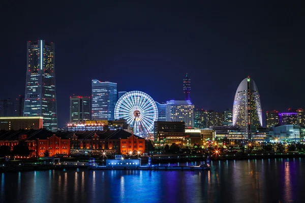 Yokohama, Japan city skyline from the bay at night