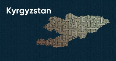 Bir stilize doğu üst üste bindirme desenli ve dönüşüm efektli kart. Haritada üst üste bindirilmiş oryantal altın deseni. Kırgızistan Siyasi Haritası