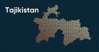 Bir stilize doğu üst üste bindirme desenli ve dönüşüm efektli kart. Haritada üst üste bindirilmiş oryantal altın deseni. Tacikistan Siyasi Haritası