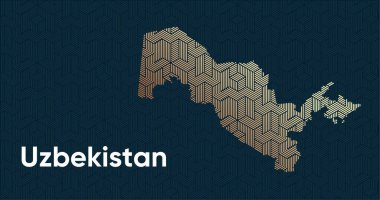 Bir stilize doğu üst üste bindirme desenli ve dönüşüm efektli kart. Haritada üst üste bindirilmiş oryantal altın deseni. Özbekistan Siyasi Haritası