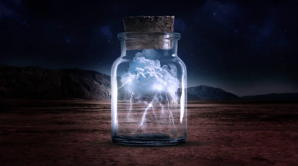 Vertical bottle with Clouds and lightning. Clouds and lightning in the bottle. Clouds and lightning in a vertical bottle standing. Rainy weather with thunder and lightning. A bottle in the desert