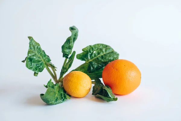 Szpinak Pomarańcza Cytryna Stole — Zdjęcie stockowe