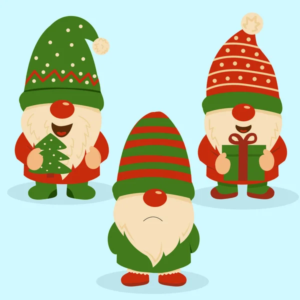 Hediyeli sevimli Noel cüceleri ve şenlikli şapkalı ağaçlar.