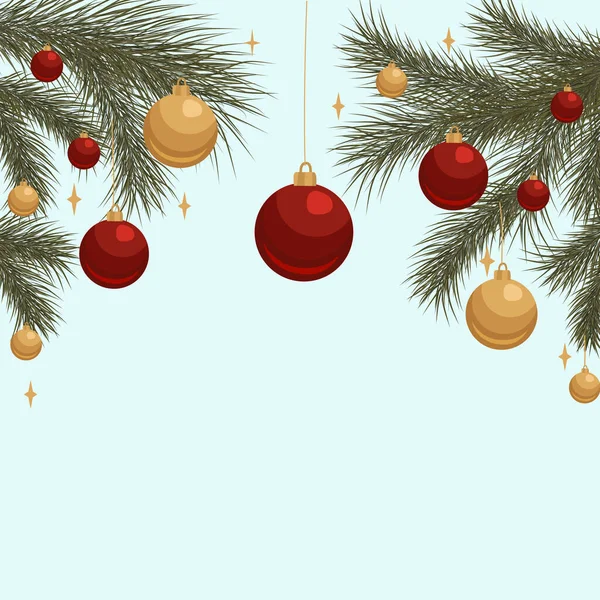 Çam dalları ve açık mavi arka planda kırmızı ve altın süslemeleri olan vektör Noel arkaplanı. Tatil kartları, davetiyeler, posterler, sosyal medya afişleri ve festival tasarım projeleri için mükemmel..