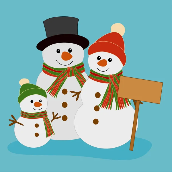 Kışlık şapka ve eşarp takan sevimli bir kardan adam ailesinin vektör çizimi. Bir kardan adamın elinde boş bir tabela var. Noel kartları, kış afişleri, posterler ve tatil tasarım projeleri için mükemmel..