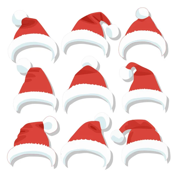 Beyaz kürklü, çeşitli şekillerde ve kıvrımlarda Noel Baba şapkaları koleksiyonu. Noel kartları, çıkartmalar, avatarlar, sosyal medya grafikleri ve festival tasarım projeleri için uygundur.