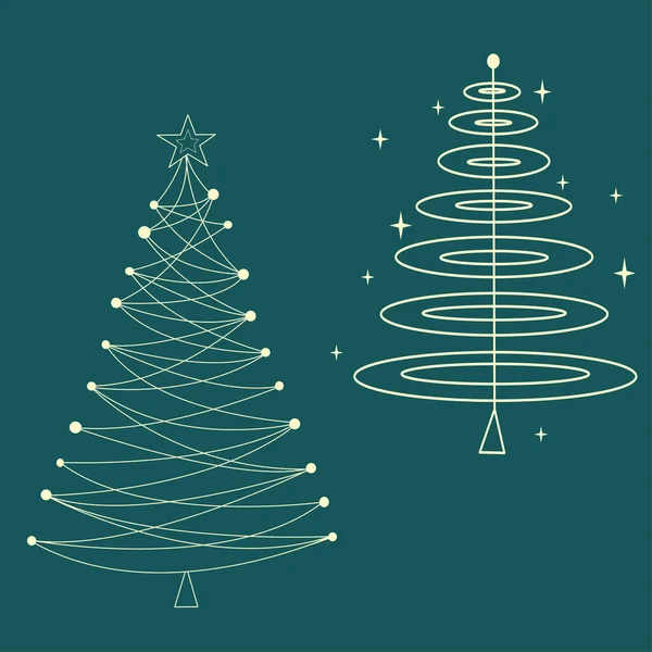 Koyu yeşil arka planda ışık ve yıldızlarla süslenmiş iki stil Noel ağacının minimalist çizgisi çizimi. Zarif tatil kartları, posterler, davetiyeler ve mevsimlik web tasarımı için elverişli.