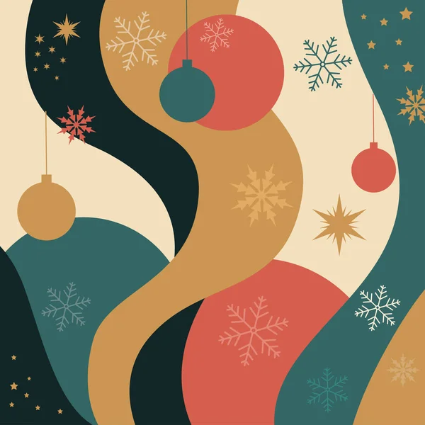 Geometrik dalgalı şekilli soyut şenlik arkaplanı, asma süsleri ve sıcak retro tonlarda kar taneleri. Noel kartları, posterler, ambalaj kağıtları ve modern tatil tasarım projeleri için ideal..