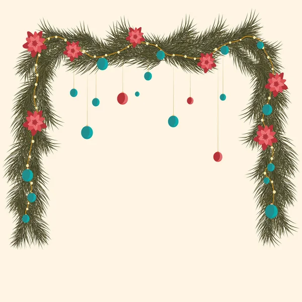 Kırmızı noktalı çiçekleri, mavi süslemeleri ve köşedeki çerçeveyi oluşturan altın ışıklarla süslenmiş çam ağacından yapılmış Noel çelenkleri. Tatil kartları, davetiyeler, posterler ve mevsimlik selamlama tasarımları için mükemmel..