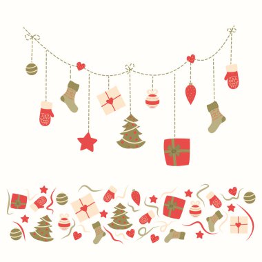 Şirin Noel çelengi ve kırmızı ve yeşil tonlarda hediyeler, çoraplar, eldivenler, kalpler ve süslemelerle dolu kusursuz bir sınır. Tatil kartları, ambalaj kağıtları, çıkartmalar ve mevsimlik tasarım projeleri için mükemmel..