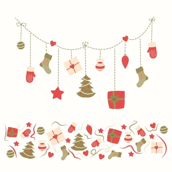 Şirin Noel çelengi ve kırmızı ve yeşil tonlarda hediyeler, çoraplar, eldivenler, kalpler ve süslemelerle dolu kusursuz bir sınır. Tatil kartları, ambalaj kağıtları, çıkartmalar ve mevsimlik tasarım projeleri için mükemmel..