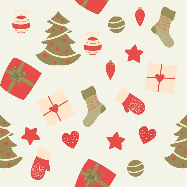 Hediyelerle, ağaçlarla, çoraplarla, eldivenlerle, kalplerle ve süslemelerle kırmızı ve yeşil tonlarda. Ambalaj kağıdı, tekstil baskıları, tatil kartları ve kış tasarım projeleri için mükemmel..