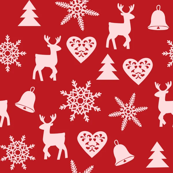 Beyaz ren geyikleri, kar taneleri, çanlar, ağaçlar ve kırmızı arka planda dekoratif kalplerle şenliksiz bir Noel deseni. Ambalaj kağıdı, tekstil, tatil kartları ve kış temalı tasarımlar için ideal