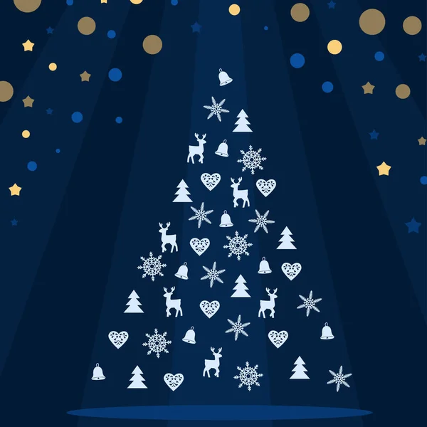 Kar taneleri, ren geyikleri, çan ve dekoratif simgelerden oluşan bir ağaç siluetinin koyu mavi gece arkaplanında yer aldığı zarif bir Noel illüstrasyonu. Tebrik kartları, posterler, reklamlar ve tatil temalı tasarımlar için ideal.