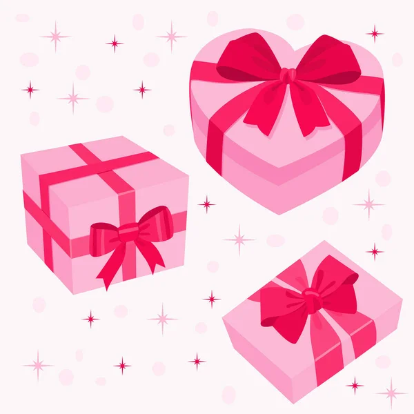 Kurdeleli ve fiyonklu pembe hediye kutuları seti romantik bir şekilde. Sevgililer günü kartları, aşk tasarımları, ambalaj konseptleri ve şenlikli dekorasyonlar için ideal..