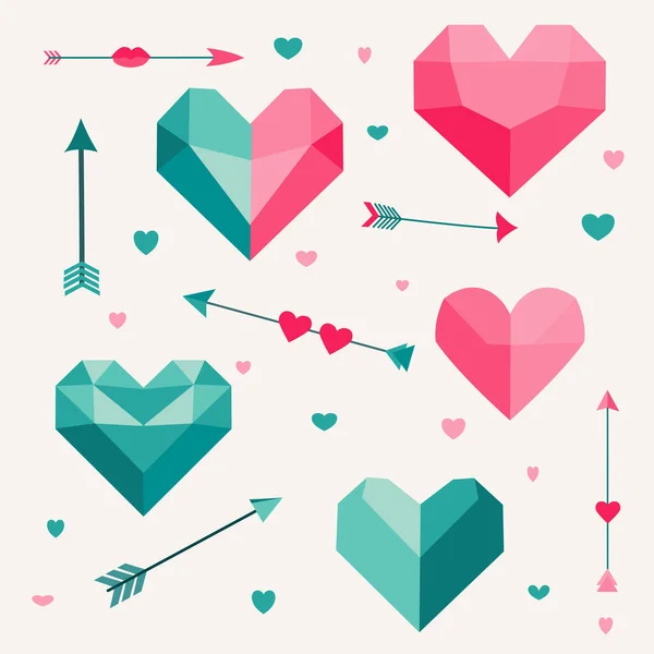 Geometrik kalp şekilleri ve parlak sevgililer günü renklerinde dekoratif oklar koleksiyonu. Kartlar, çıkartmalar, sosyal medya paylaşımları ve romantik tasarım projeleri için ideal.