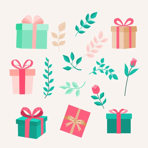 Pastel hediye kutuları, yapraklar ve güller tebrik kartları, tatil tasarımları ve romantik dekorasyonlar için idealdir..