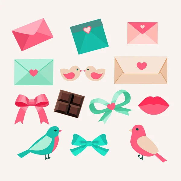 Zarflar, yaylar, kuşlar, dudaklar ve çikolatalar dahil sevimli sevgililer günü temalı elementler koleksiyonu kartlar, çıkartmalar ve romantik tasarımlar için mükemmel..
