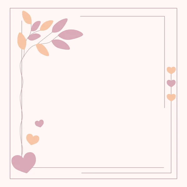 Yumuşak pembe ve şeftali yapraklı küçük kalp süslemeleri içeren zarif, minimal çiçek çerçevesi. Aşk notları, sevgililer günü kartları, düğün davetiyeleri, kadınsı markalar ve basılabilir kağıtlar için mükemmel. EPS vektörü ve yüksek çözünürlüklü JPG olarak sağlandı.