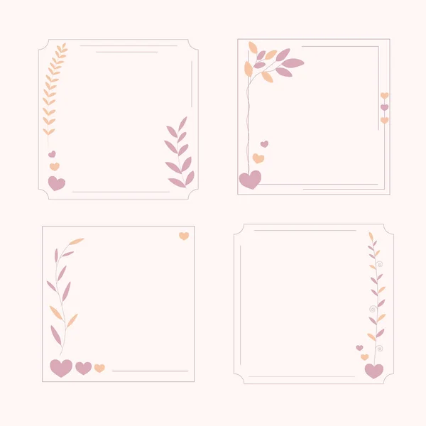 Yumuşak pembe ve şeftali rengi dört romantik çiçek çerçevesi koleksiyonu. Minimum botanik yapraklar, zarif ince kenarlar ve küçük kalp aksanları yumuşak bir sevgililer günü ve düğün temalı tasarım yaratır. Tebrik kartları, davetiyeler, kırtasiye malzemeleri için mükemmel.