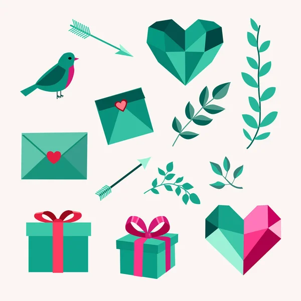 Kalplerle, hediyelerle, zarflarla, oklarla, kuşlarla ve botanik elementlerle donatılmış yeşil ve nane renginde bir aşk ortamı. Sevgililer Günü kartları, davetiyeler, çıkartmalar ve dekoratif projeler için uygundur..