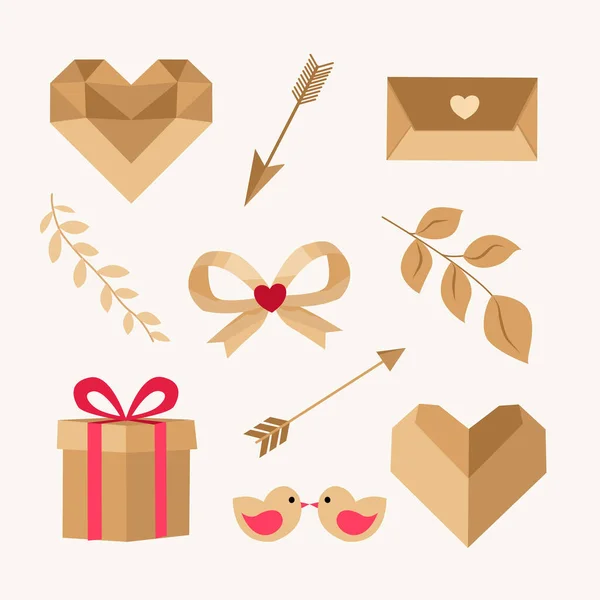 Kalpler, zarflar, oklar, yaylar, yapraklar ve sevimli aşk kuşları olan Kraft tarzı bir zirve seti. Kırsal Sevgililer Günü kartları, düğün kağıtları, ambalaj ve el işi projeleri için ideal.