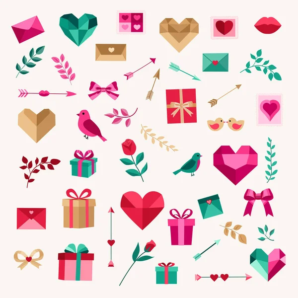 Aşk temalı, deniz mavisi, pembe, kraft ve kırmızı renk paletleri içeren geniş bir klima demeti. İçinde kalpler, hediyeler, zarflar, oklar, kuşlar, güller, yapraklar ve Sevgililer Günü kartları için dekoratif şekiller, davetiyeler, ambalajlar, ambalajlar,