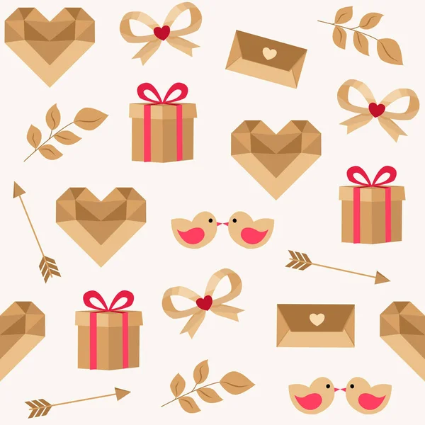 Kalpler, hediyeler, zarflar, yaylar, aşk kuşları, oklar ve botanik elementlerin olduğu kusursuz bir Kraft modeli. Kırsal Sevgililer Günü kartları, ambalaj kağıdı, kumaş, ambalaj ve el işi projeleri için mükemmel..