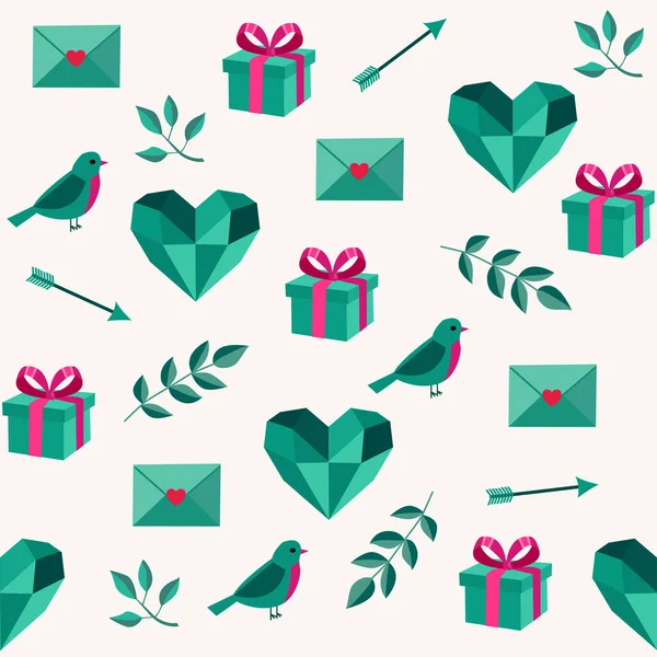 Geometrik kalpleri, hediyeleri, zarfları, kuşları, okları ve botanik elementleriyle donuk ve pürüzsüz bir desen. Paket kağıdı, kumaş, kırtasiye, ambalaj ve Sevgililer Günü projeleri için ideal.
