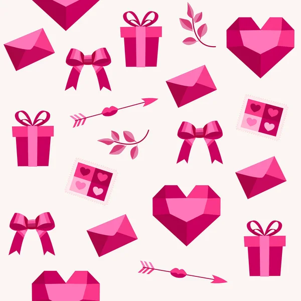 Kalpleri, yayları, hediyeleri, zarfları, okları, yaprakları ve dekoratif aksanları içeren pürüzsüz pembe bir desen. Sevgililer Günü kartları, kumaşlar, planlamacılar, kağıtlar ve ambalaj kağıtları için uygundur..