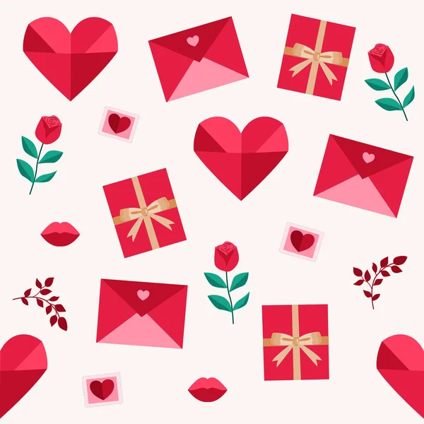 Kalpleri, hediyeleri, zarfları, gülleri, dudakları ve dekoratif unsurları içeren kırmızı bir sevgililer günü deseni. Kağıt, kumaş, kırtasiye, davetiye ve dijital tasarımlar için mükemmel..