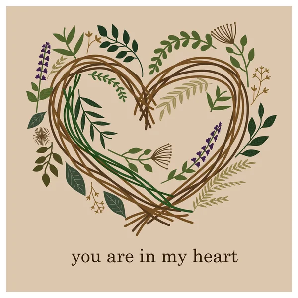 Botanik dallardan ve yapraklardan yapılmış romantik kalp şeklinde bir çelenk ve ilham verici harflerle 